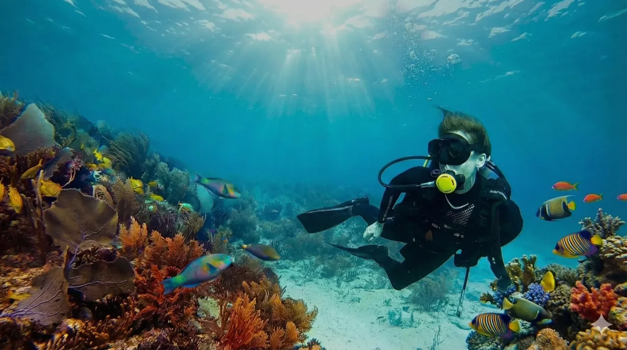 Divers scuba diving at the Mesoamerican Barrier Reef; guided trips covering the best dive sites in Tulum, Playa del Carmen, and Cozumel