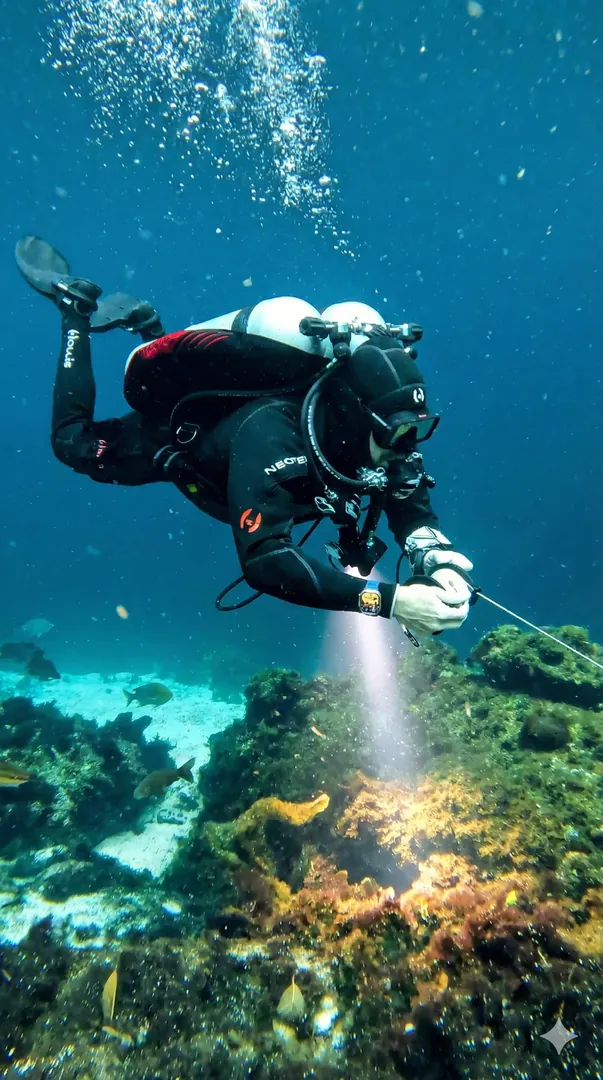 Technical diver practicing advanced skills with a twinset and stage tanks for deep diving training