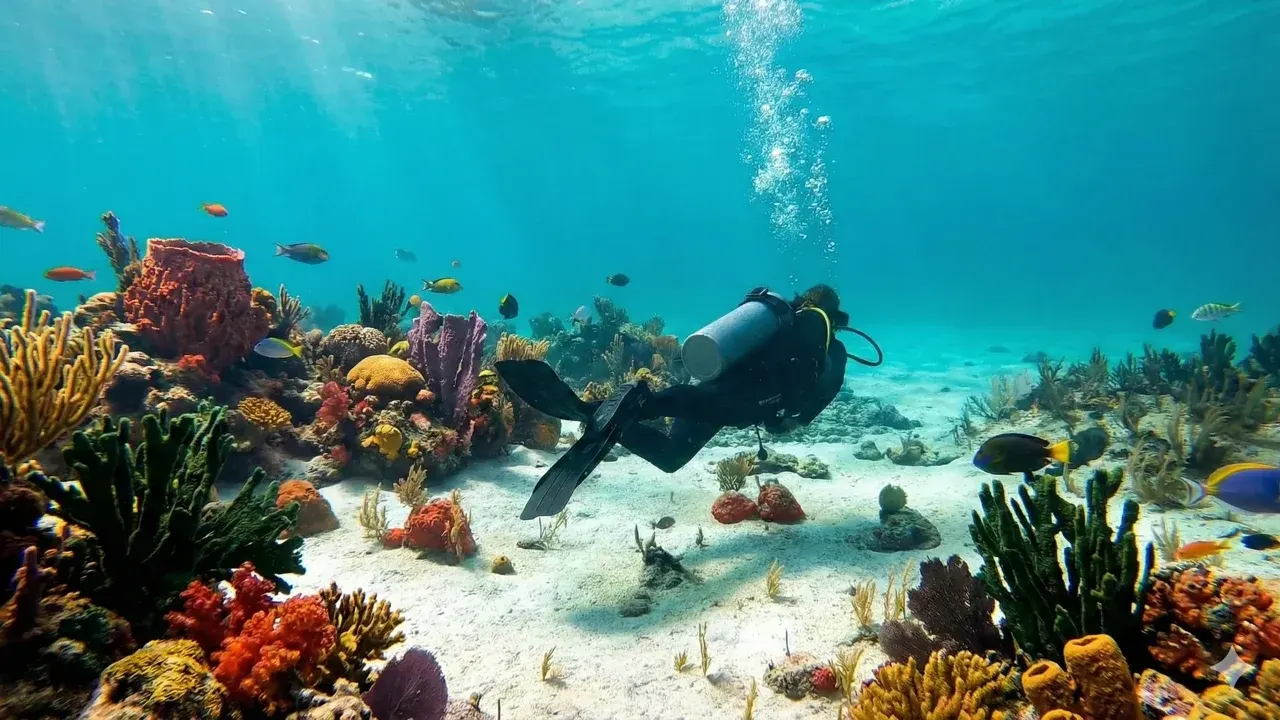 Open Water Diver student training on a Caribbean coral reef during a beginner scuba certification course in Tulum, Mexico